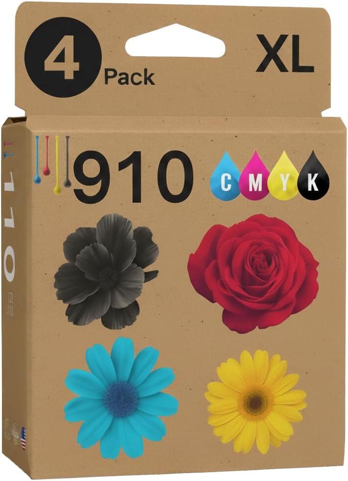 Amazink 910XL Ink Cartridges, Replacement for 910XL, Works with OfficeJet Pro 8035, 8025, 8028, 8022 Printers (4-Pack, Black, Cyan, Magenta, Yellow)
