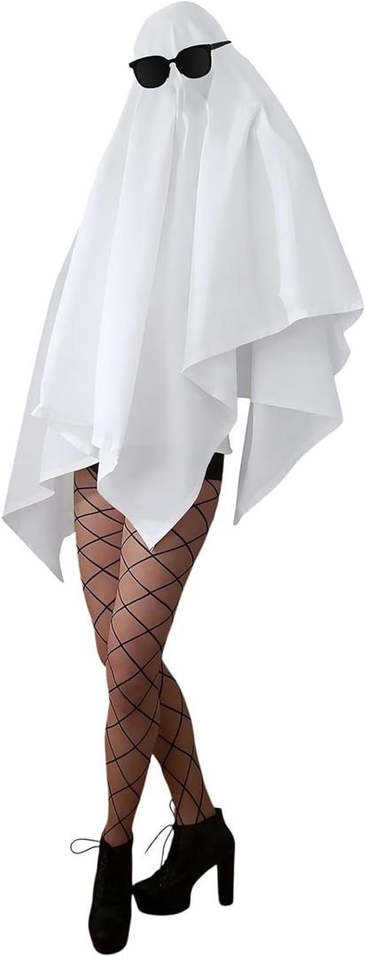 Ghost Halloween Costume Women Adult White Ghost Poncho Glasses Fishnet Stockings for Halloween Cosplay Party