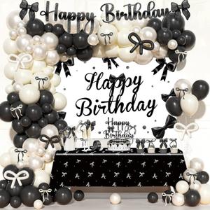 Party Inspo Black Bow Birthday Decorations  110 PCs Black Bow Themed Party Supplies with Backdrop, Tablecloth, Cake Topper, Banner, Cupcake Toppers, Ribbons, Balloon Garland