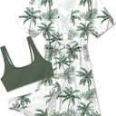 AIDEAONE 5-16T Girls Bathing Suit 3 Piece Swimsuit Drawstring Quick Dry Tankini with Cover Ups (9-10 Years, Green Hawaii)