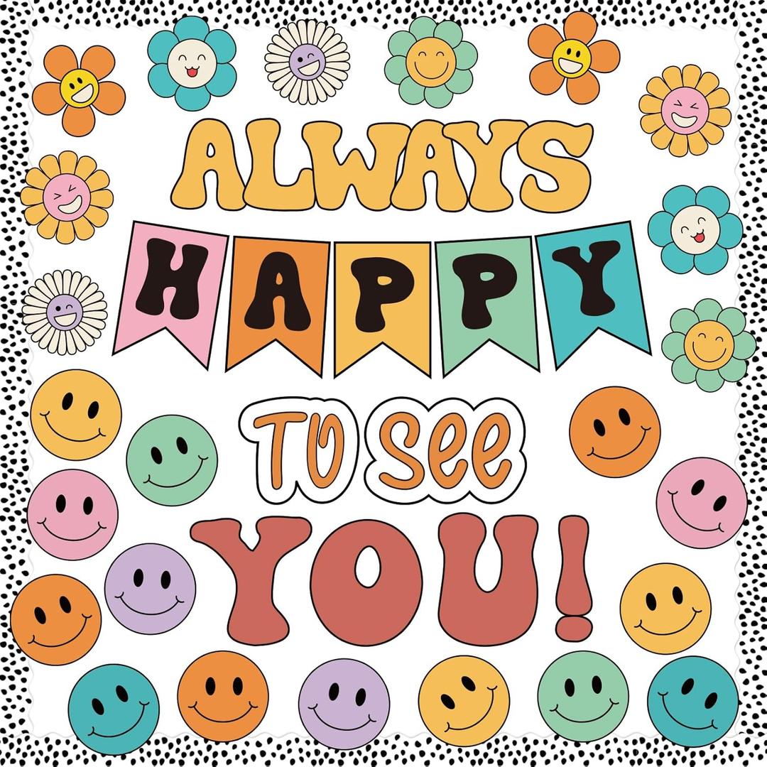 63 Pcs Groovy Bulletin Board Decorations Set Retro Smiley Face Classroom Decor with Black Dots Border Trims for Back to School Classroom Wall Door Decor (Orange)