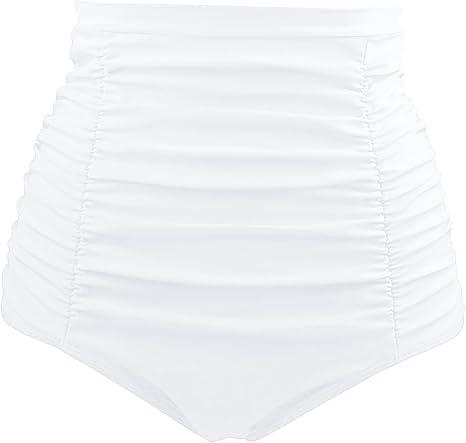 Tempt Me Women's High Waisted Swimsuit Bottom Tummy Control Ruched Bikini Bottom Vintage Swim Bottom Tankini Briefs< white, L