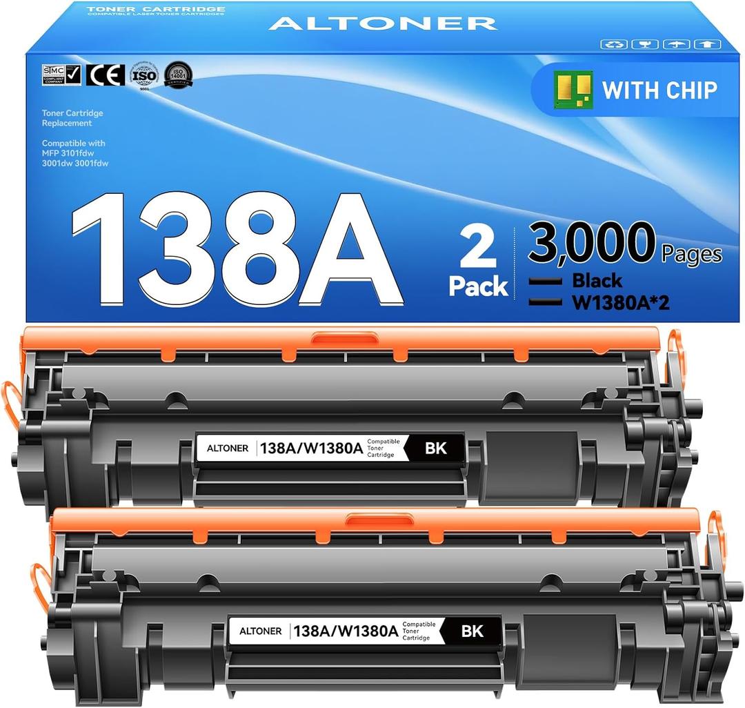 138A Toner Cartridge 2-Pack W1380A Black (with Latest Chip)  High-Capacity Replacement Compatible for HP Laser Jet Pro 3001dw 3001fdw MFP 3101fdw 3101sdw 3,000 Page Yield | 138A Monochrome