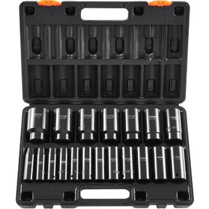 VEVOR Impact Socket Set 1/2 Inches 19 Piece, Deep Socket, 6-Point Sockets, Rugged Construction, Cr-V, 1/2 Inches Drive Socket Set Impact 3/8 inch - 1-1/2 inch, with a Storage Cage