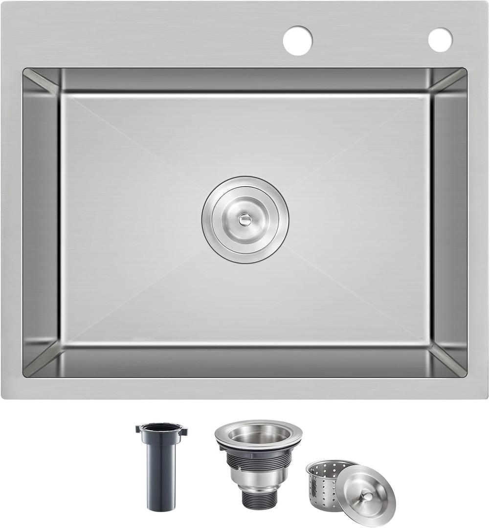 25x18 Inch Kitchen Sink Drop in, Premium T-304 Grade Stainless Steel Sink, 9" Deep Single Bowl with Brushed Finish, R10 Tight Corner, 2 Pre-Drilled Holes, Topmount Sink with Strainer