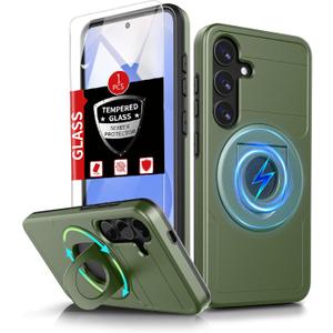for Samsung Galaxy S25 Plus Case Magnetic Compatible with MagSafe Wireless Charging,with Screen Protector,for S25+Plus Case with Stand Ring Anti-Scratch Shockproof Heavy Duty Protection Green