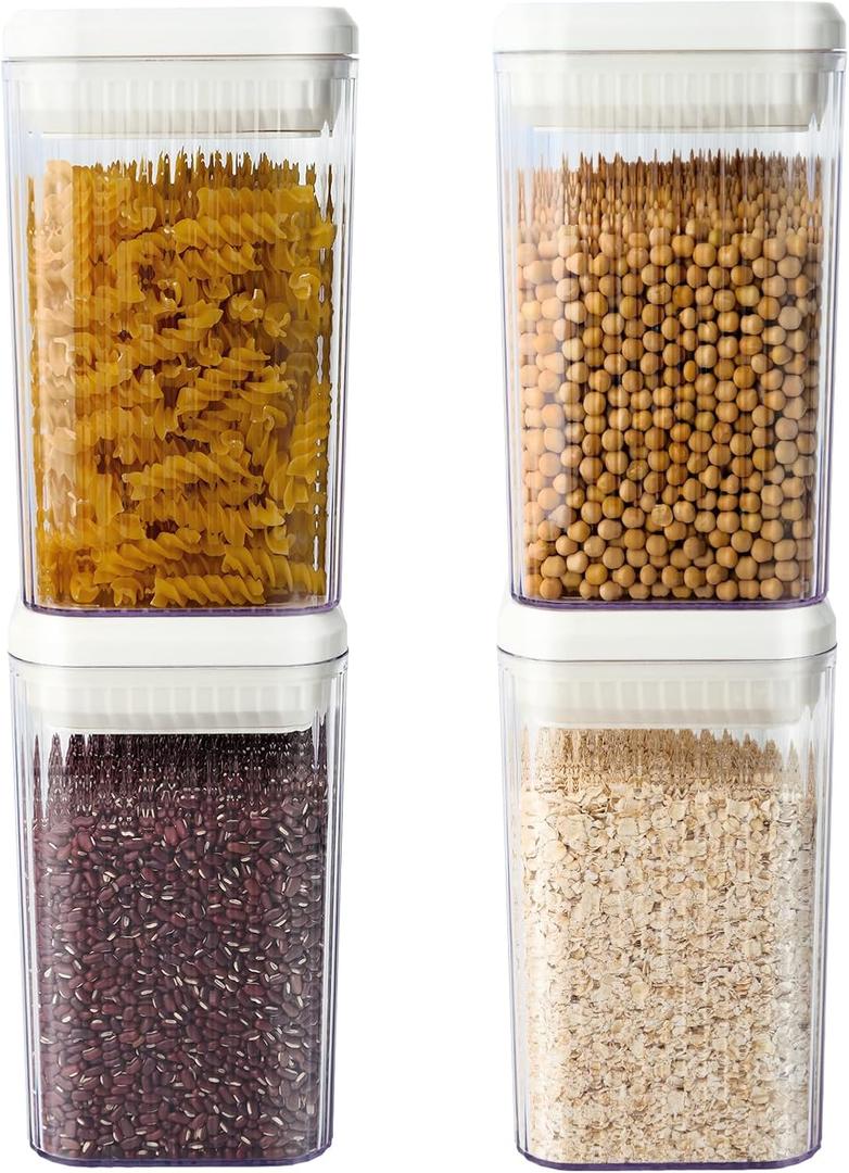 Airtight Food Storage Containers 4 Pack, White Plastic Kitchen Canisters with One-Touch Press Seal Lids, Leak Proof Pantry Organizers for Dry Fruits, Snacks, Sugar, Pasta, 1.2L / 40.5oz