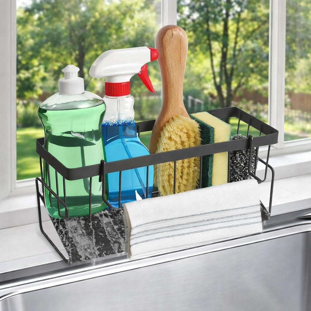 Kitchen Sink Caddy Organizer with Rag Holder,Self-Draining Sponge Holder for Countertop Soap Dispenser Organizers Storage Kitchen Decor and Accessories
