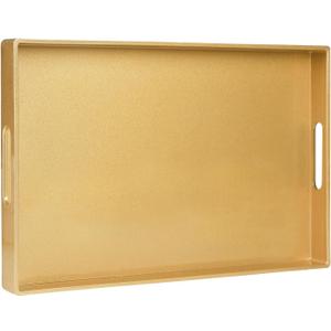 MAONAME Gold Decorative Tray for Coffee Table, Modern Serving Tray with Handles, Plastic Ottoman Trays for Living Room, Bathroom Decor, 15.8" L x 10.2" W x 1.4" H