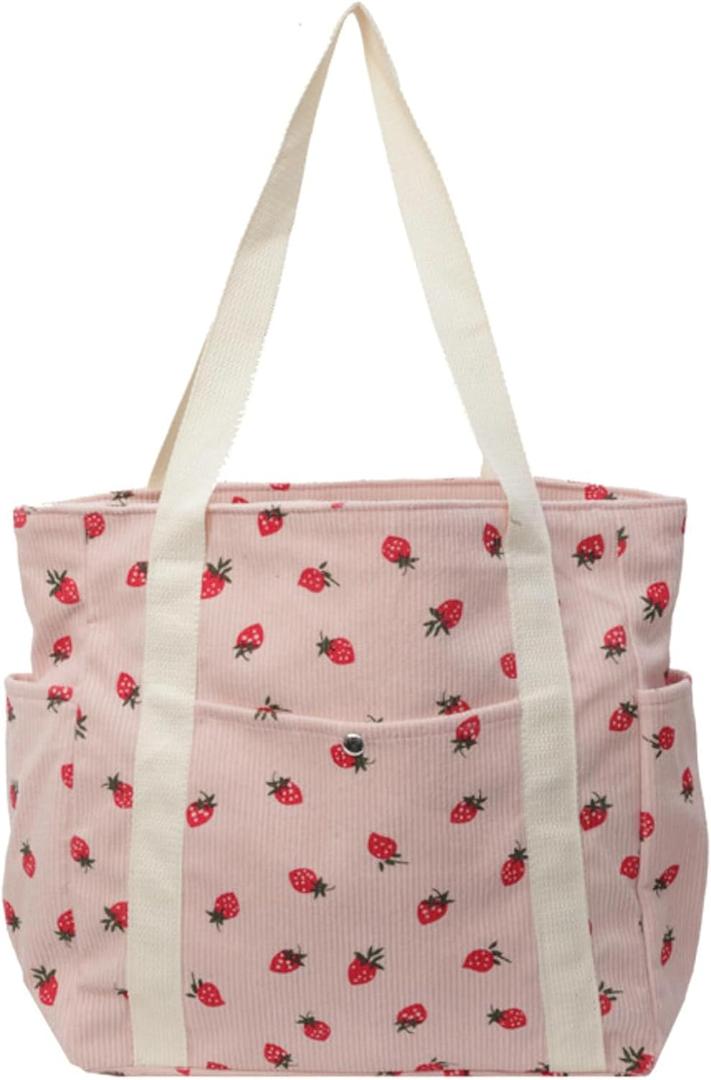 Corduroy Cute Strawberry Tote Bag Women Kawaii Shoulder Handbag Casual Purse Multiple Pockets College Work Book
