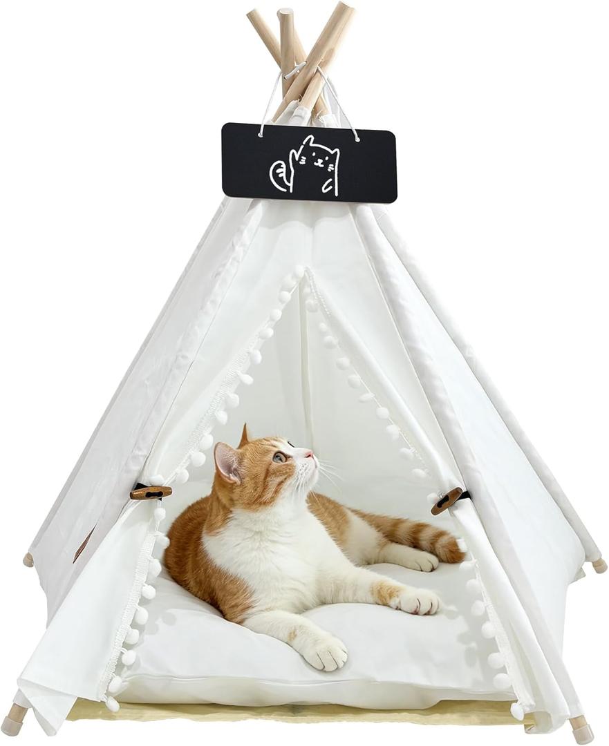 Pet Teepee, Portable Pet Tents for Small Dogs or Cats, Puppy Sweet Bed Washable Dog or Cat Houses with Cushion-White Flower Buds-M