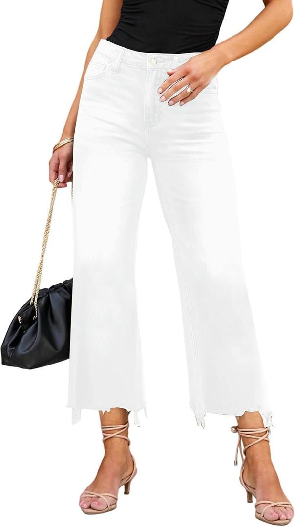 LOLONG High Waisted Flare Jeans for Women Casual Bell Bottom Denim Pants (14, White)