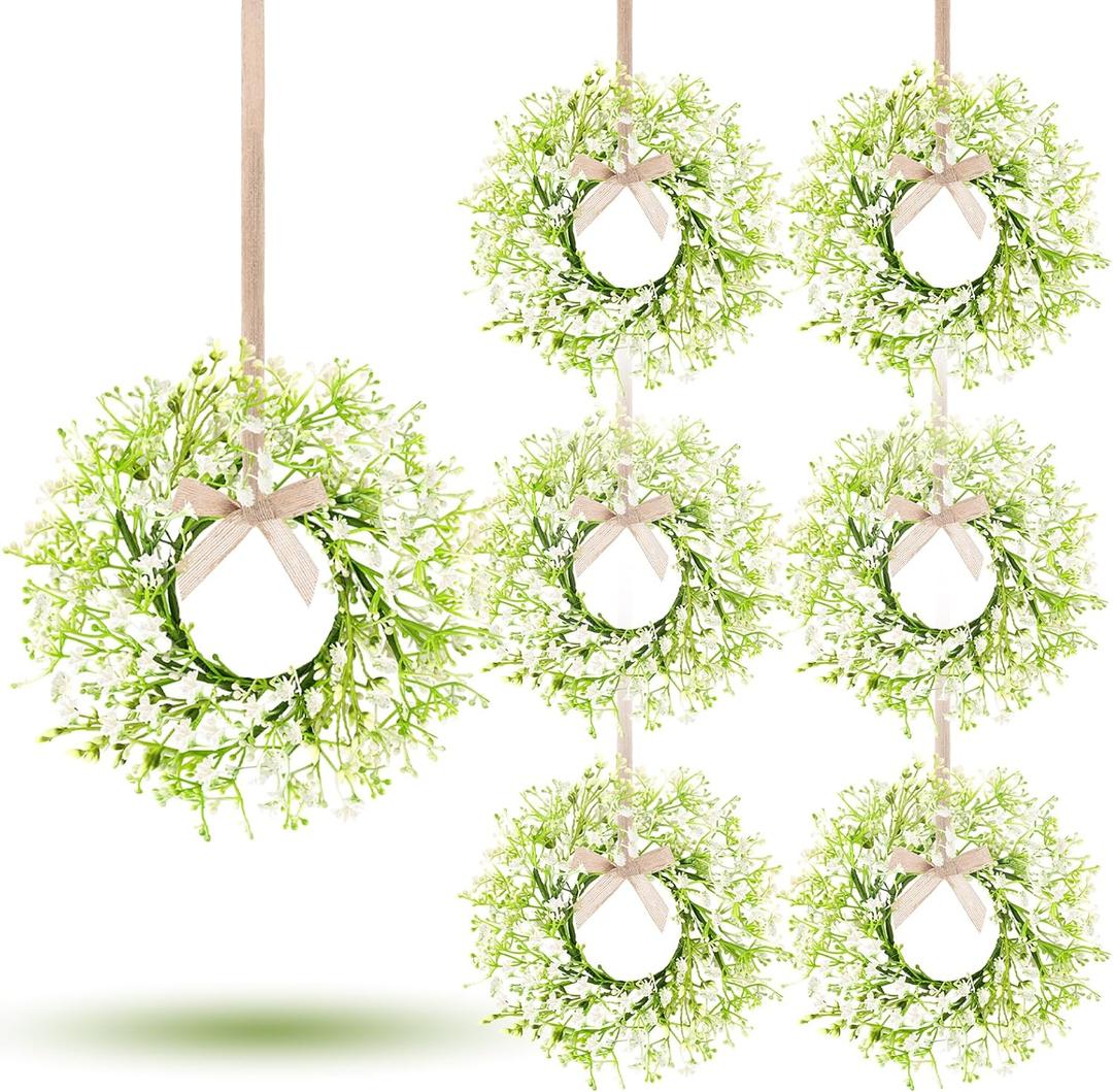 6 Pcs Mini Baby Breath Hanging Wreaths Gypsophila Candle Rings Pillar Holder Wreath Artificial Flower Spring Summer Floral Wreath for Wedding Farmhouse Porch Cabinets Table Decoration