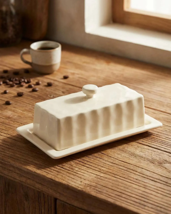 Nucookery Porcelain Butter Dish - Clean Table Design - Ceramic Butter Dishes with Lid for Countertop with Raised Non-Slip Strip - Holds 1 Standard Butter Stick - Easy to Clean & Dishwasher Safe. White