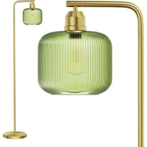 Glass Floor Lamp for Living Room, Modern Standing Lamp with Green Ribbed Glass Lampshade and Pedal Switch, 66 Tall Lamp & Gold Floor Lamp for Bedroom Study Room,Brushed Gold(3000K LED Bulb Included)