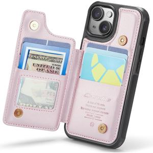 for iPhone 15 Plus Case with Card Holder, Wallet Case for Women Men with RFID Blocking, Durable Leather Kickstand Magnetic Clasp Shockproof Phone Case for iPhone 15 Plus (Pink)
