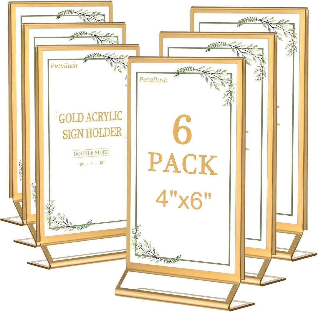 Petallush 6PCS Gold Acrylic Picture Frame Stands Holders for Tables Display 4x6, Double Sided Acrylic Wedding Table Number Sign Holder, Clear Menu Flyer Paper Holder for Wedding Party Decor