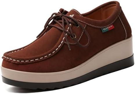 NXNBHSL Women's Suede Wedge Platform Rocker Loafers Arch Support Casual Round Toe Non Slip Lace Up Sneakers Comfortable Business Walking Work 7.5