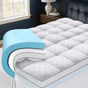 King Size Dual Layer 4 Inch Memory Foam Mattress Topper, 2 Inch Gel Memory Foam and 2 Inch Pillow Top Mattress Pad Cover, Thick Soft Bed Topper Medium Support for Back Pain, White