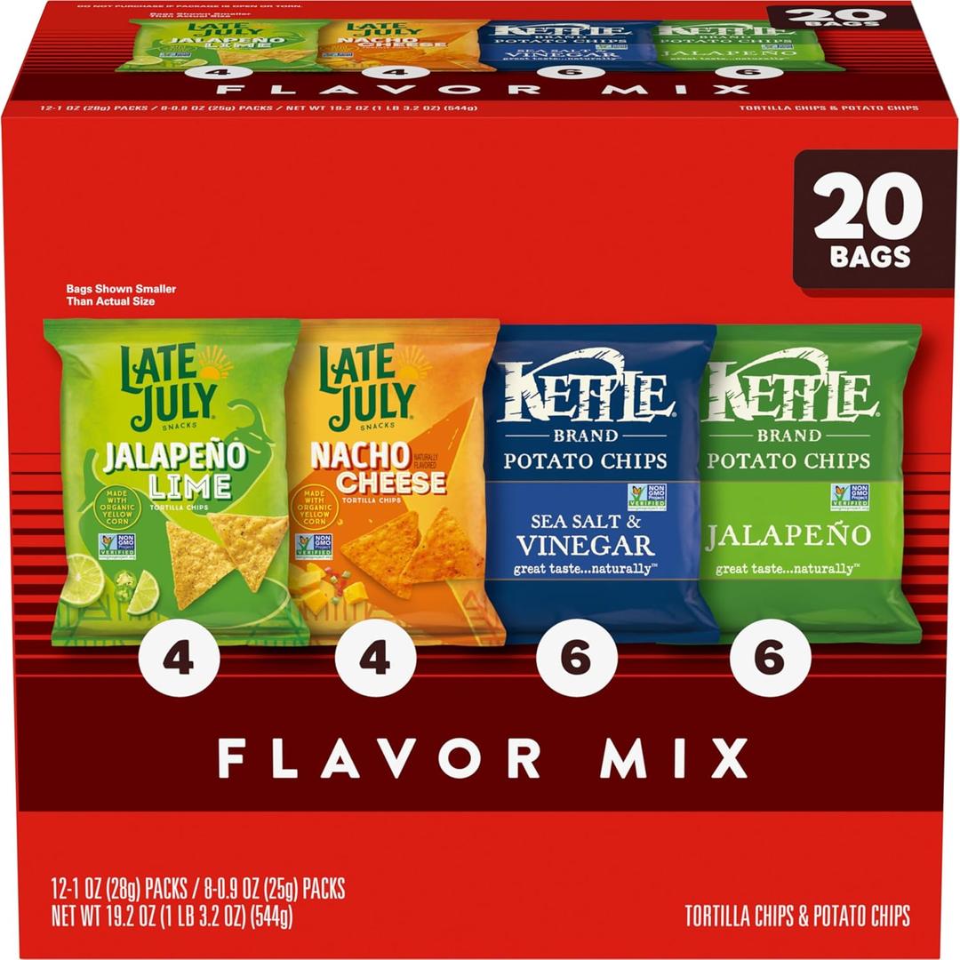 Kettle Brand and Late July Snacks Mix Variety Pack, 20 Count Snack Bags (EXP 03/14/26)
