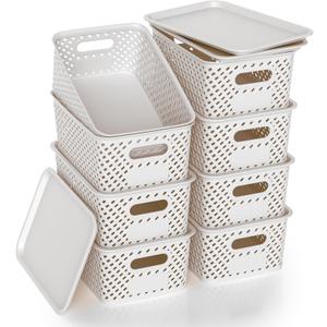 Plastic Storage Bins with Lid, Stackable Small Box Basket for Organizing and Containers for Shelves Drawers Desktop Closet Playroom Pantry Classroom Office Home, 8-pack 10.2x7.2x4.1 Inch, White