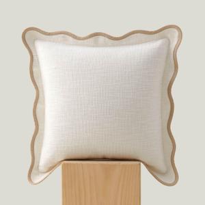 Double Stitch Scalloped Throw Pillow Covers - 100% Cotton Decorative Boho Pillow Covers 20 x 20, Made in India, Square Cushion Case, Modern Home Decor for Couch Sofa Living Room, Cream