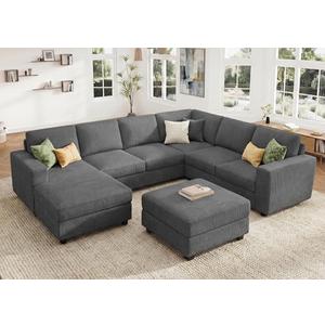 HONBAY Corduroy Sectional Couch with Storage, U Shaped Sectional Sofa, 8 Seater Sectional Couches for Living Room, Dark Gray