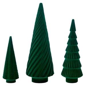 DN DECONATION Set of 3 Flocked Velvet Christmas Trees, Green Tabletop Xmas Tree Decor with Pine, Swirl & Wave Designs Mini Christmas Figurines for Mantel, Desk, Holiday Centerpiece