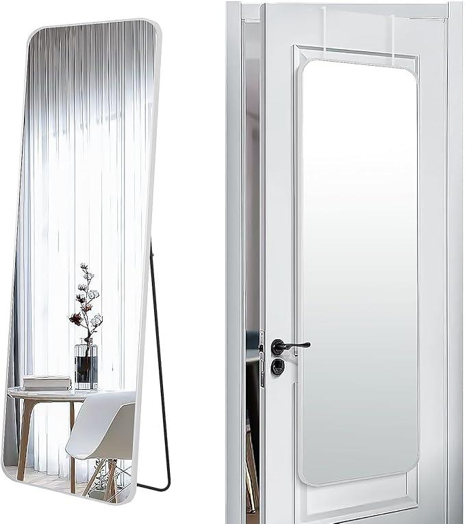 SCWF-GZ 57x20 Door Hanging Full Length Mirror, Floor Stand (Height 5.7ft just Body in1.3ft) Wall Mounted Metal Frame Rectangle Dressing Mirrors for Bedroom Room 57 inch Silver