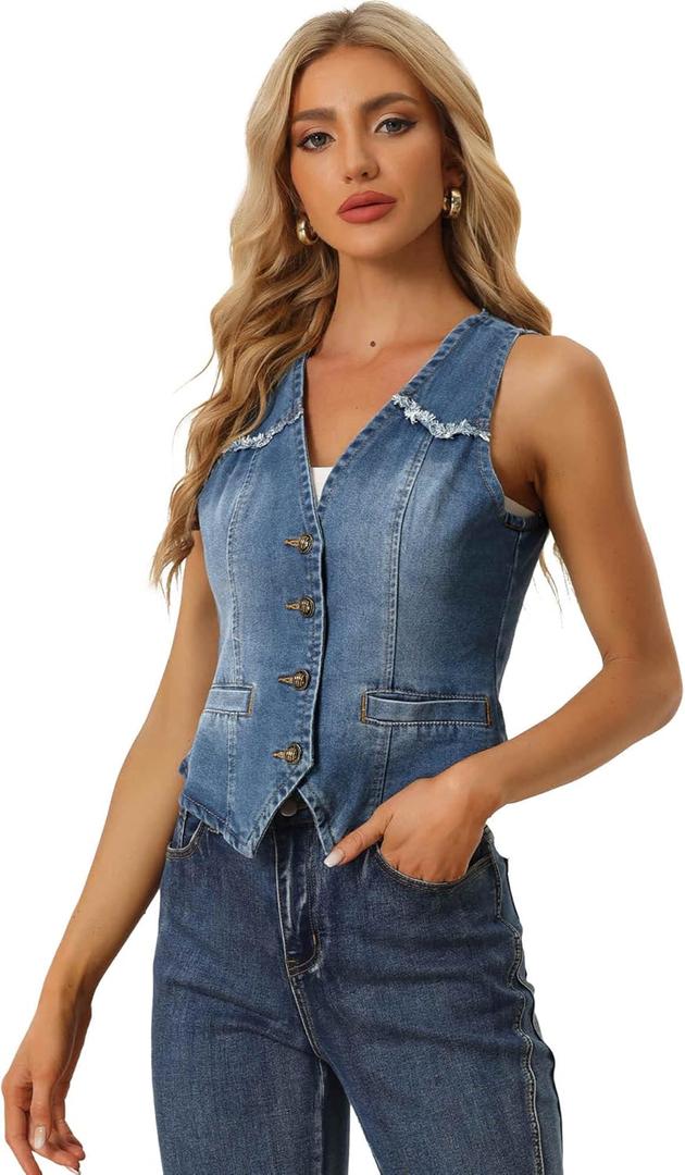 Allegra K Denim Vest for Women's Sleeveless V Neck Washed Distressed Y2K Jean Waistcoat Jacket (Large)