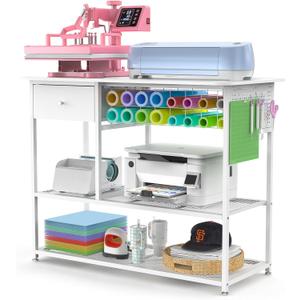 Crafit Extra Large Heat Press Table, Heat Press Stand Desk Cart with Vinyl Storage, Multi-Purpose Heavy Duty Metal Workbench for DIY Sublimation, T-Shirts Caps Mug & Tumbler Heat Transfer Projects