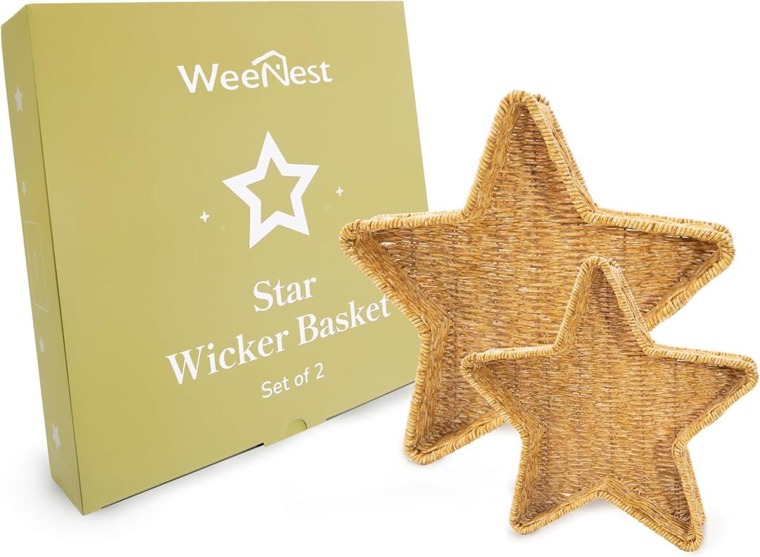 Star Wicker Basket, Rattan Basket, Decorative Basket, Star Plates, Woven Basket for Gifts, Christmas Stars, Christmas Serving Dishes and Platters, Oat milk, Resin Wicker Set of 2