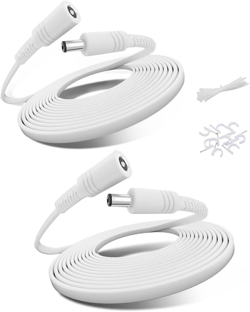 Basesailor 12V DC Extension Cable 20ft 2 Pack,5V 9V 2.1mm x 5.5mm 5521 Power Supply Adapter Long Flat Extender Cord,Female to Male Wire for Outdoor CCTV Security Camera,IP Network Camera,DVRs (White)