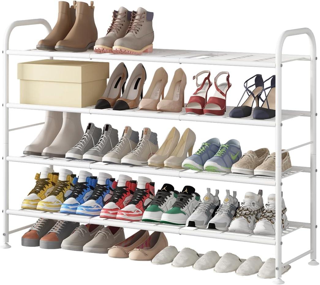 LINZINAR Shoe Rack Long 4 Tier Shoe Storage Organizer Metal Wide Shoe Shelf for Closet Entryway Bedroom 30 Paris Large Capacity, White