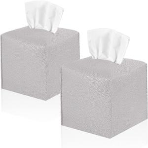 2 Pack, VIVIDLY Tissue Box Cover Holder, Square Modern PU Leather Tissue Box Holder, Can be Used for Bathroom Dressing Table, Bedside Table, Office Desk & Car 5"X5"X5"- (Grey, 2)