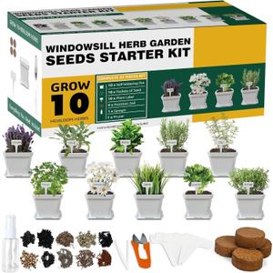 10 Herb Seeds Garden Starter Grow Kit with White Pots, Markers, Nutritional Soil, Watering, Herb Clipper, Complete Indoor Potted Plant Growing Set for Kitchen DIY