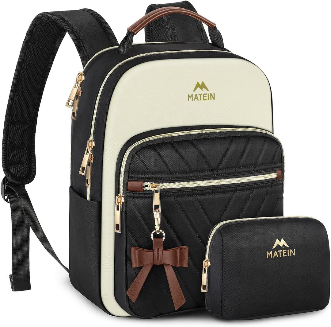 MATEIN Mini Backpack Purse for Women, Fashion Small Purse Backpack, Waterproof Casual Daily Cute Shoulder Bag Ladies Handbags for Travel Work College, 2pcs Sets, Black-Beige (Small-12.9 inch)