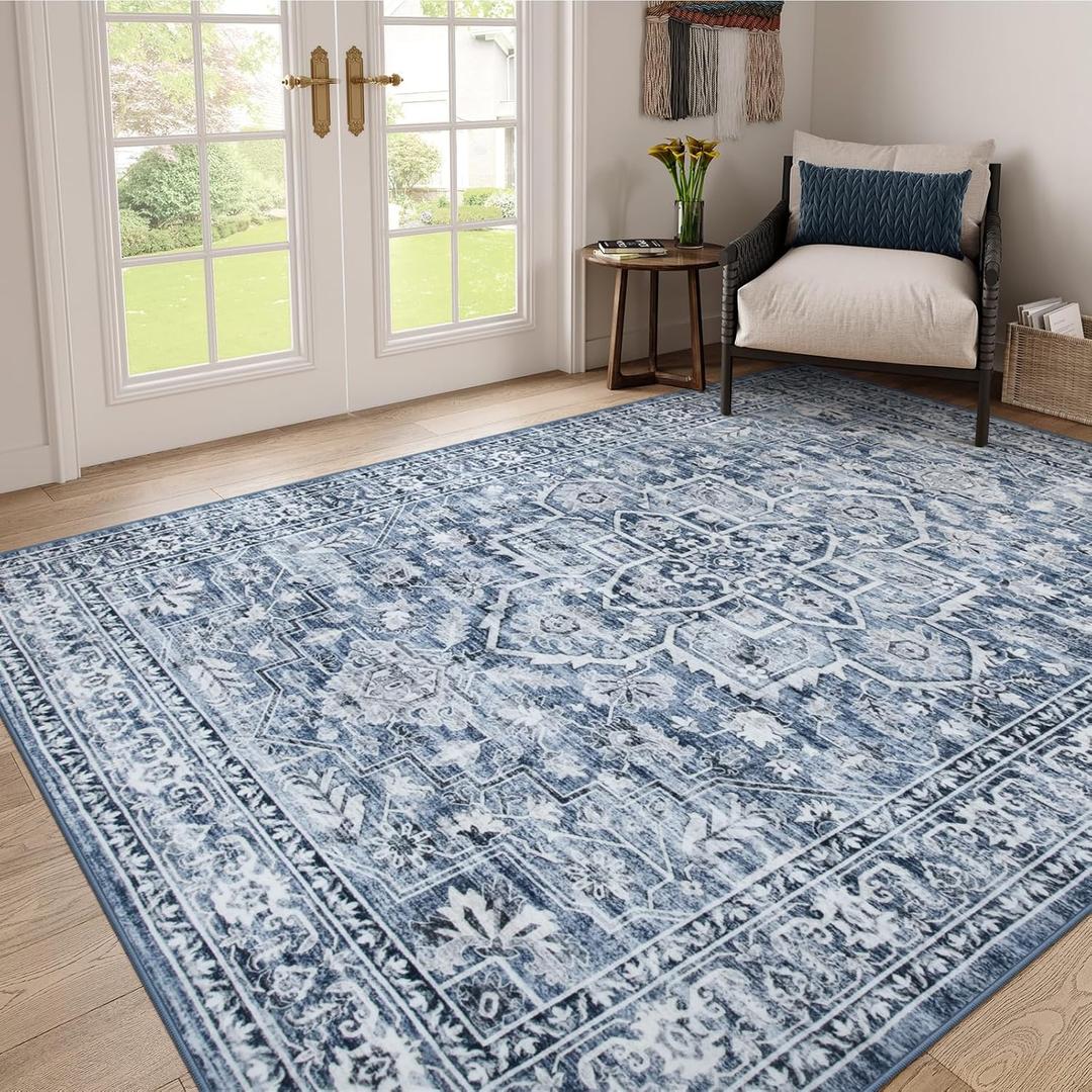 Lahome Oriental Washable Rugs 8x10,Large Blue Area Rug for Living Room, Boho Soft Ultra-Thin Bedroom Carpet, Traditional Non Shedding Dining Room Rug for Under Table Office(8x10ft,Blue)
