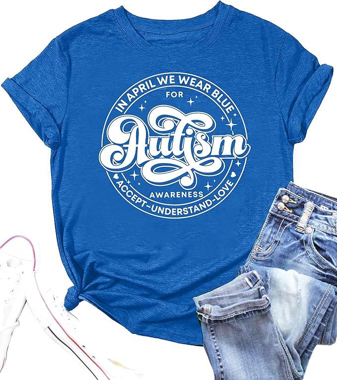 2 x Autism Awareness Shirt for Women: in April We Wear Blue Shirts Mental Health Tee Inspirational Short Sleeve Tee Tops (Large)