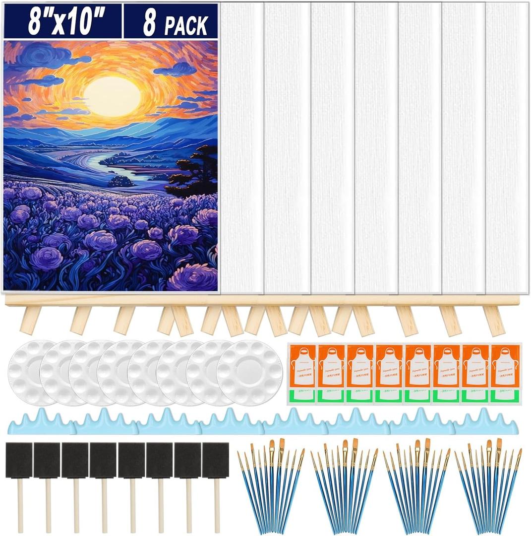 Fesorsi 8 Pack Mini Canvas and Easel Set, 8×10 Inch Paint Party Kit Include 8 Small Easels 8 Color Palettes 8 Pen Holders 8 Sponge Brushes 16 Apron and 40 Brushes, Canvas Kit for Painting Party