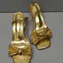 ISNOM Women's Bow Knot Heeled Sandals Ankle Buckle Strap Open Toe Block Chunky Heels Bride Wedding Party Fashion Heel (8, Gold)