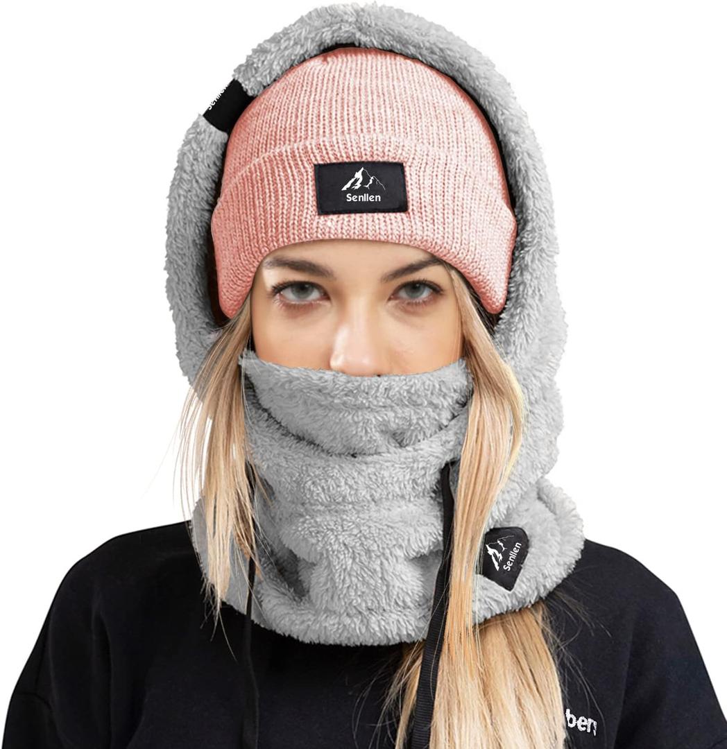 Senllen Balaclava Cold Weather Fleece Windproof Ski Mask Winter Breathable Thermal Face Mask Neck Warmer Scarf Helmet Hood (One Size, Grey)