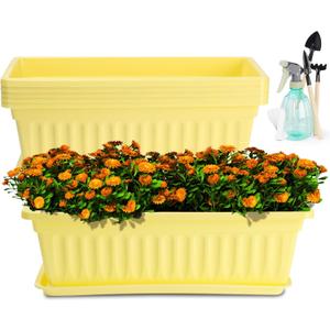 HOXHA 6 Pack Window Box Planter, 17 Inches Vegetable Flower Plastic Planter Boxes with Tray, Rectangular Planter Indoor and Outdoor Flower Pots for Windowsill, Patio, Porch, Garden Balcony, Yellow