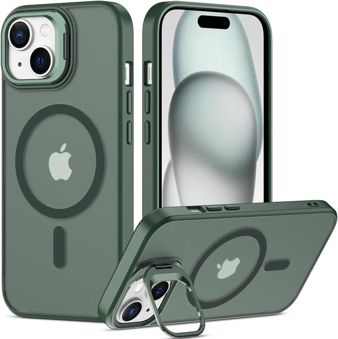 Nvollnoe for iPhone 15 Case Compatible with MagSafe,Military Grade Shockproof Heavy Duty Protective Adjustable Kickstand Matte Semi Clear Phone Case for iPhone 15(Dark Green)