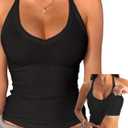 Danysu V Neck Cotton Tank Tops with Built-in Shelf Bra Sleeveless Racerback Fitted Basic Cami Shirts (X-Large, Black)