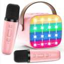 Bluetooth Karaoke Machine Toy for Kids- Mini Karaoke with 2 Wireless Microphone, Voice Changer & LED Lights, Portable Karaoke Mic for 3-8 Year Old Girls, Great for Birthday Home Party (Pink)