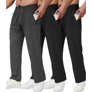 3 Pack Men's Athletic Pants with Zip Pockets, Lightweight Workout Sweat Pants Gifts for Men (Large, Black, Gray)