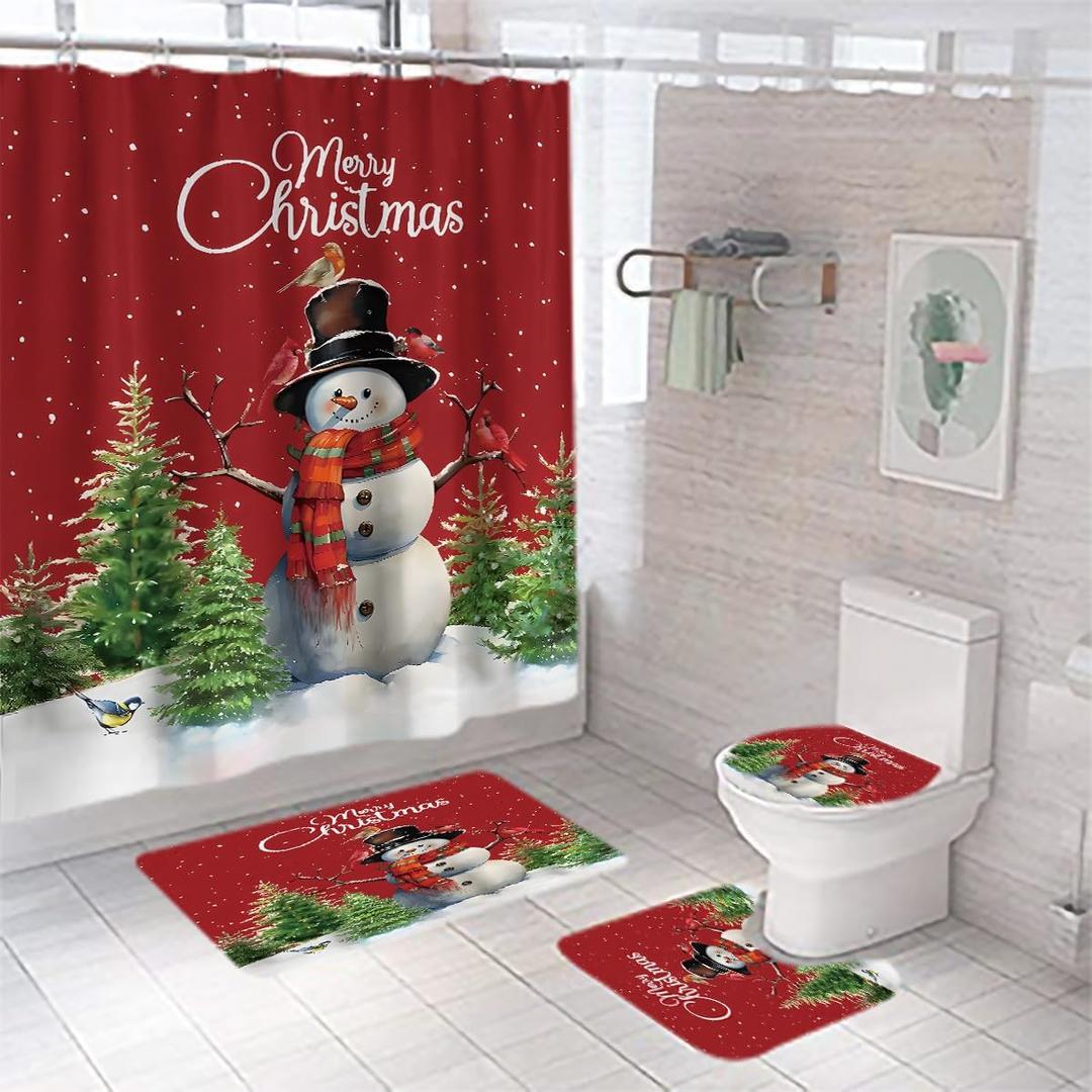 DDS-DUDES Christmas Shower Curtain for Bathroom Xmas Snowman Xmas Tree Shower Curtains with 12 Hooks, Christmas Balls Shower Curtain for Bathroom 71x71inches