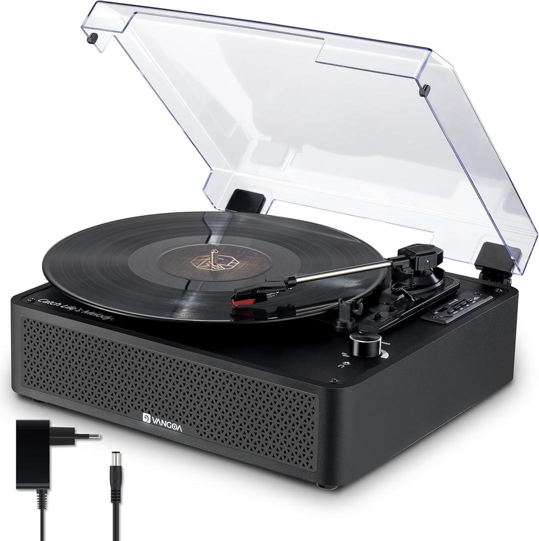 Vangoa Vinyl Record Player with 2 Built-in Speakers, Wireless Belt Drive Turntable Support 3 Speed 3 Size, AUX-in, Headphone, RCA All-in-one Retro Vinyl Players, RP-02, Black