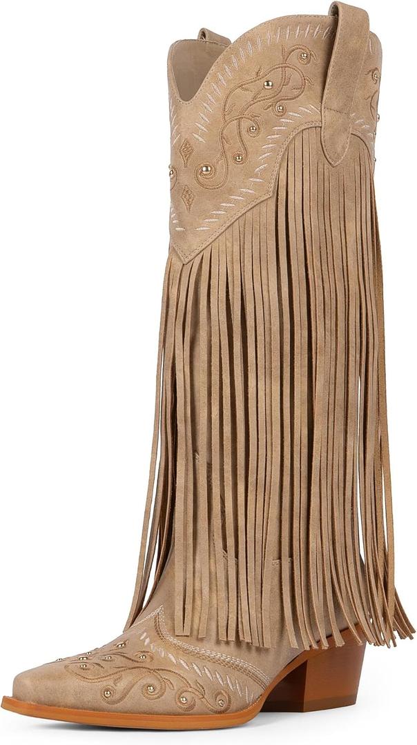 Modatope Fringe Cowboy Boots for Women Knee High Cowgirl Boots | Embroidered & Fringe Detail, Pointed Toe Mid Block Heel, All-Day Comfort, Fits Festivals, Parties, Weddings & All Occasions (Brown) 8